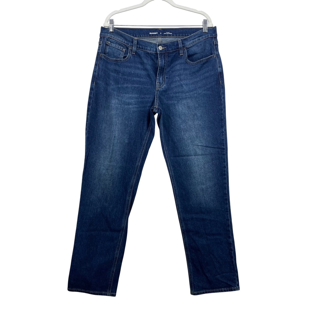 Old Navy Women 12 Wow Boyfriend Jeans 36x30 Blue Mid-Rise Straight Leg Dark Wash